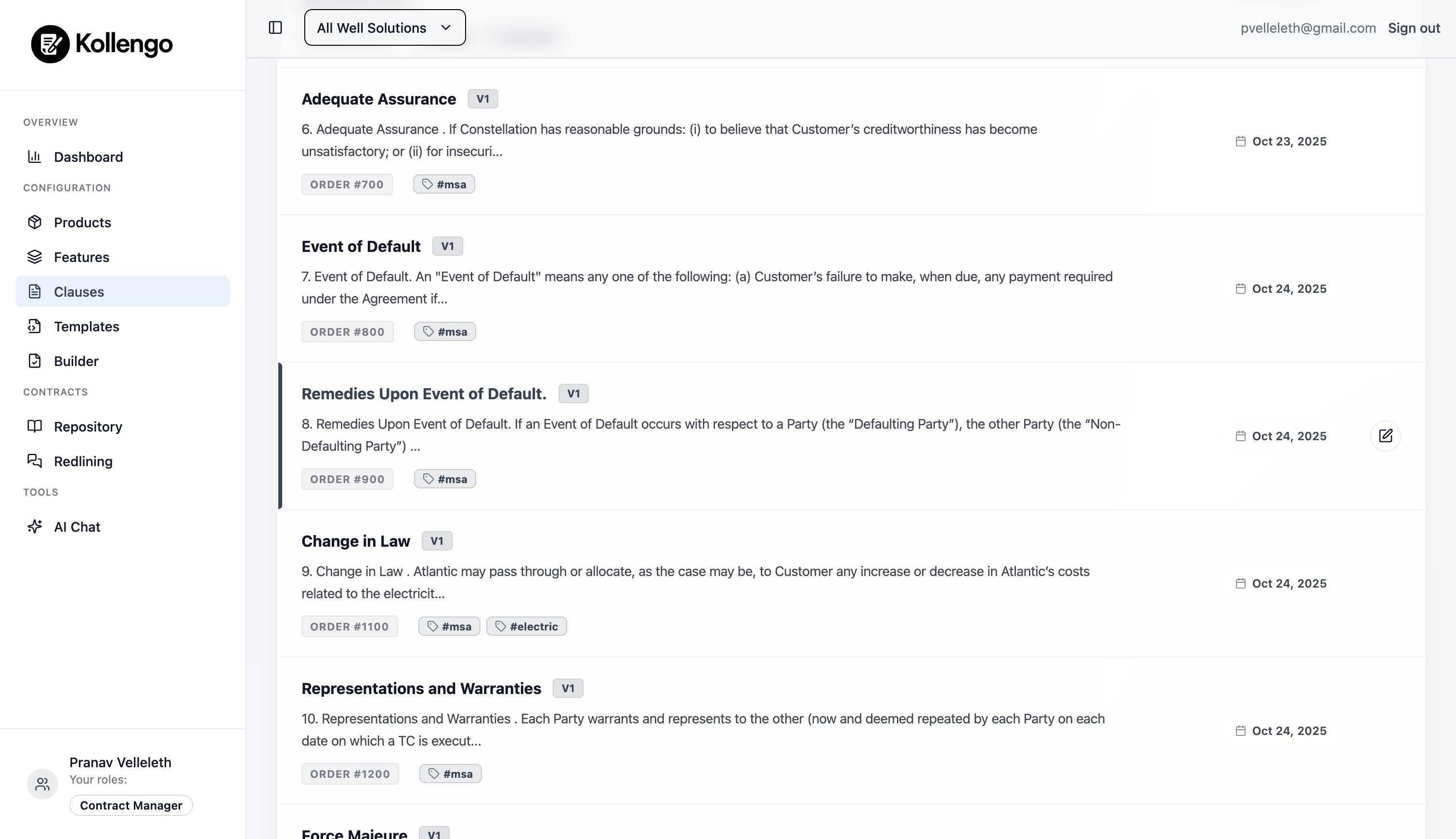 The Clauses page showing a list of clauses with version numbers and tags