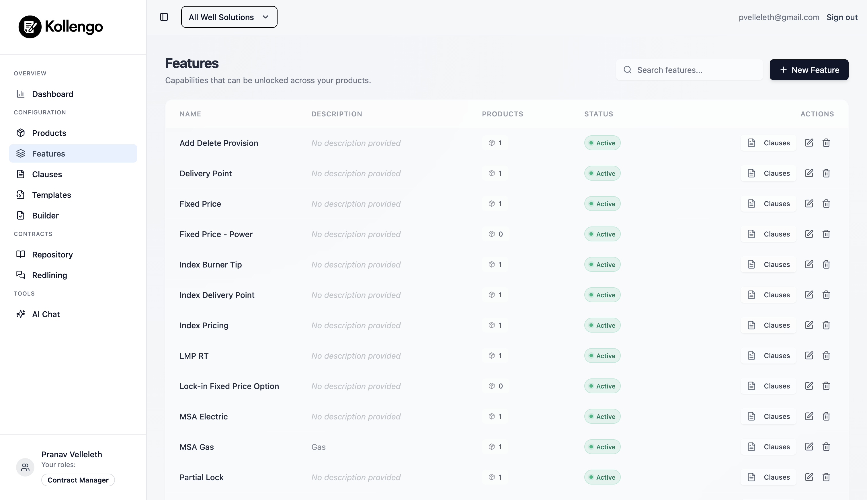 The Clauses page showing a list of clauses with version numbers and tags